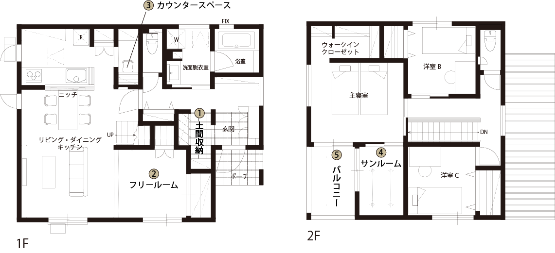 33坪3～4LDKの二階建て間取り図